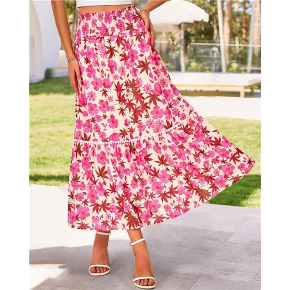 Women Floral Long Skirts Casual Elastic High Waist Pleated Swing A Line Boho - Picture 4 of 7